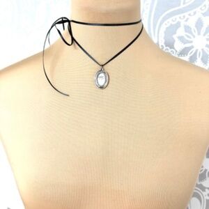 necklace pendant GANZ photo locket oval silver tone NWOT black satin 54" cord